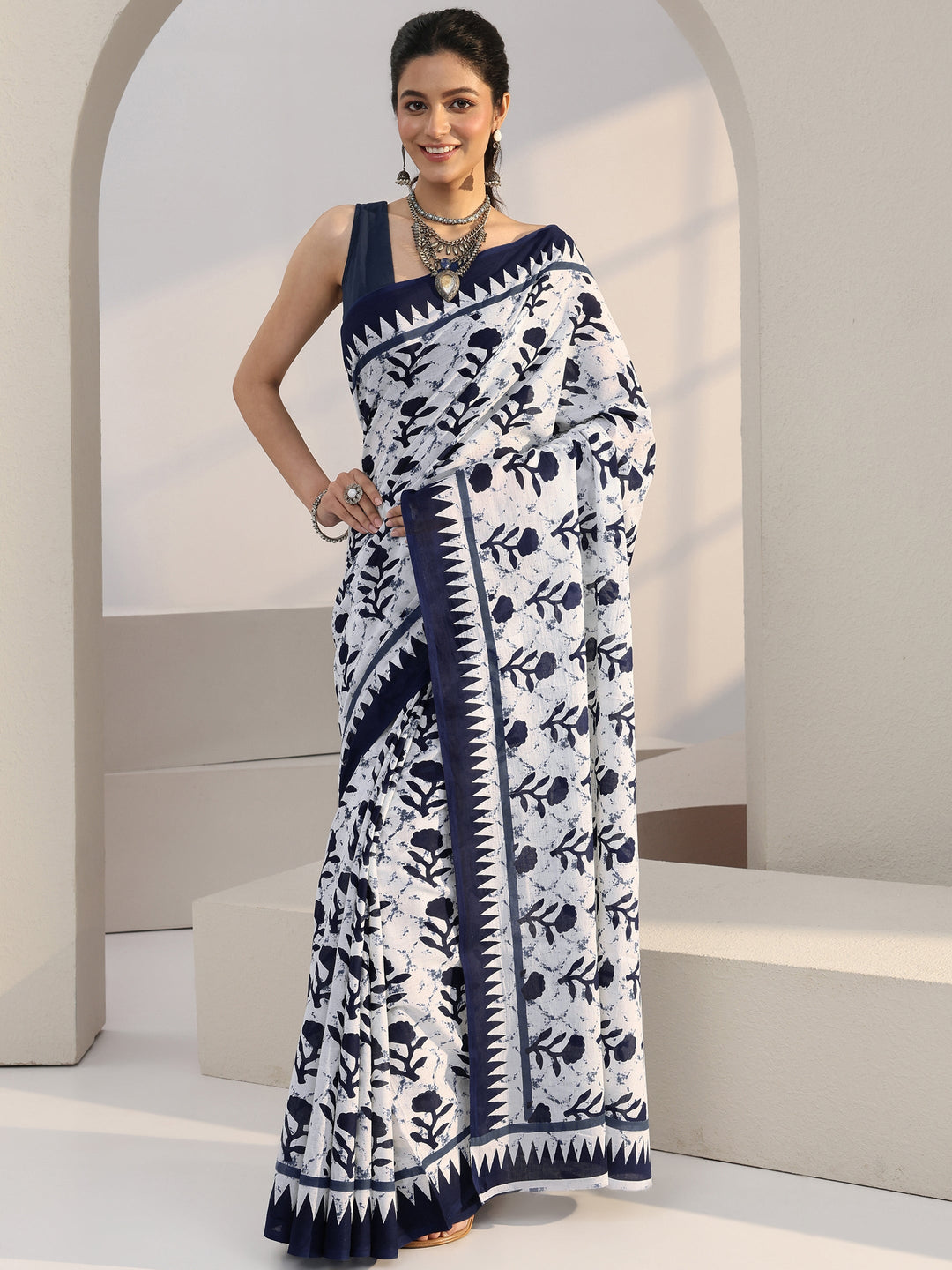 Libas White Floral Print Batik Cotton Saree