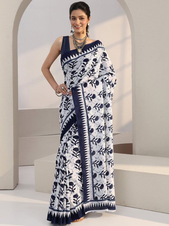 Libas White Floral Print Batik Cotton Saree
