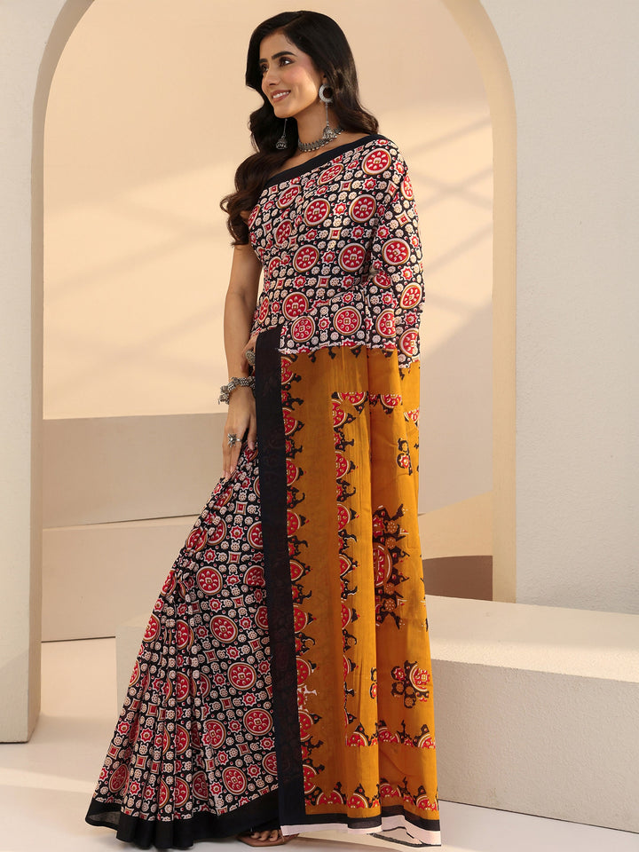 Libas Black Ajrakh Print Cotton Saree