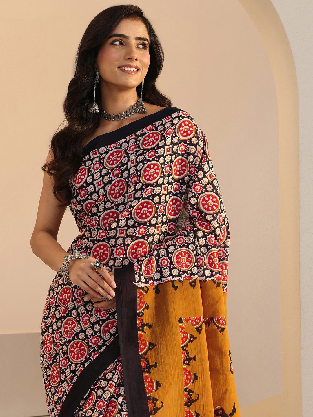Libas Black Ajrakh Print Cotton Saree