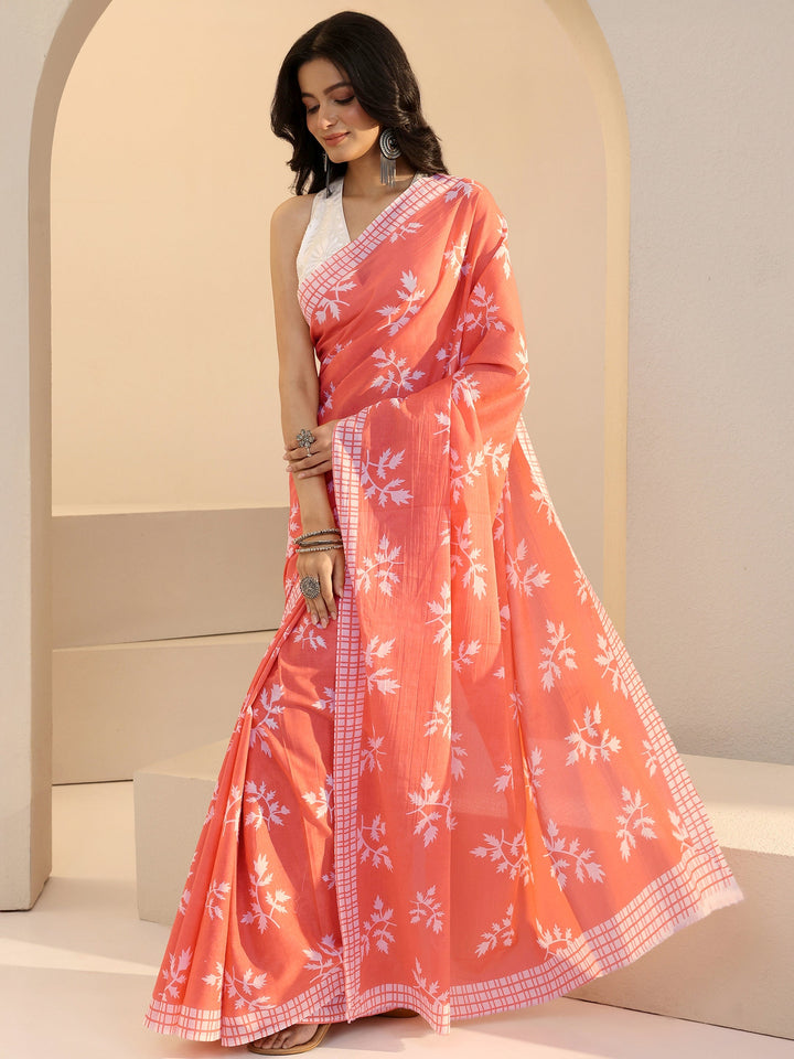 Libas Salmon Orange Fern Print Cotton Saree