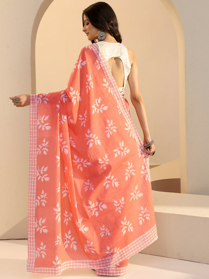 Libas Salmon Orange Fern Print Cotton Saree