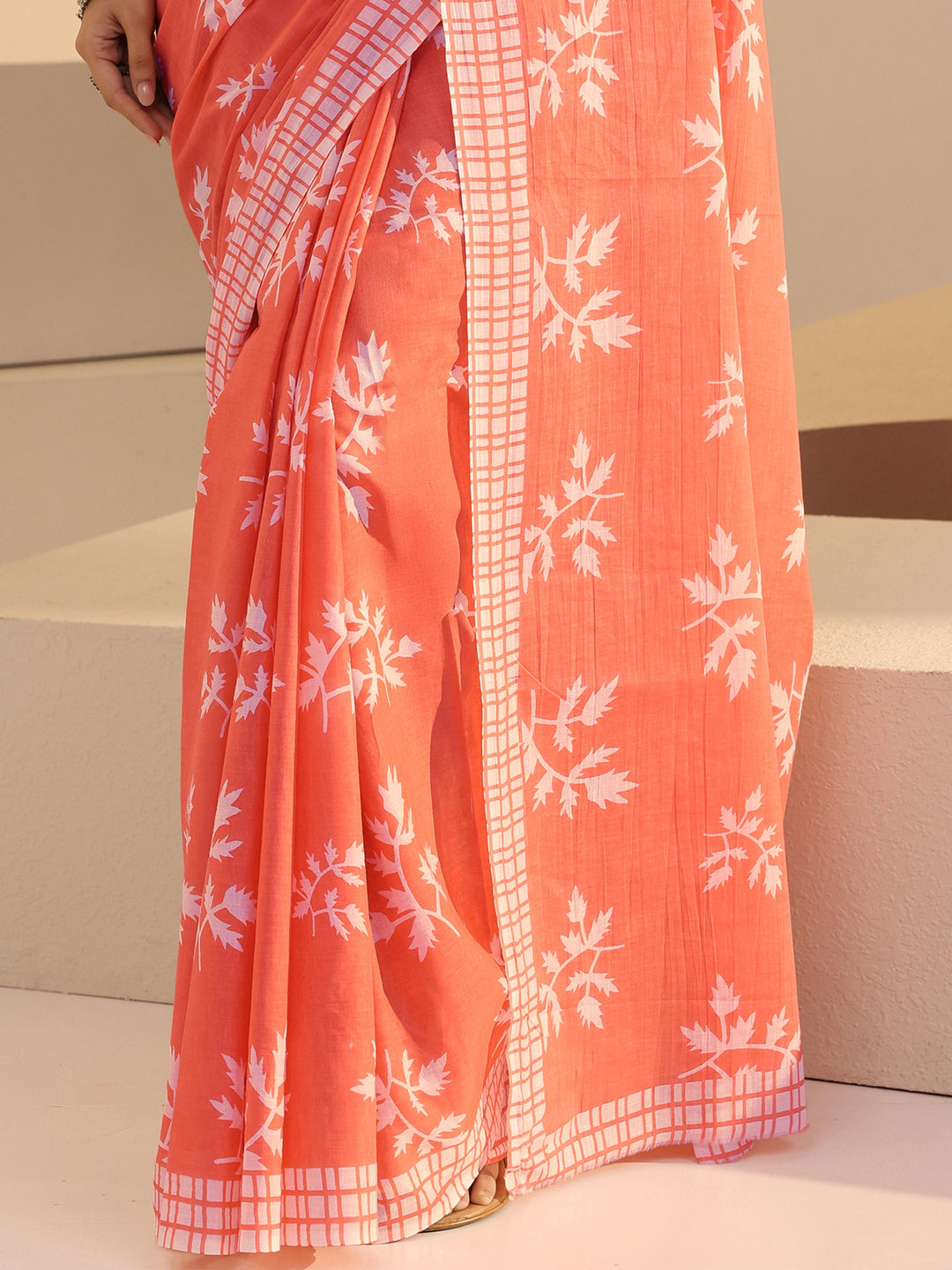 Libas Salmon Orange Fern Print Cotton Saree
