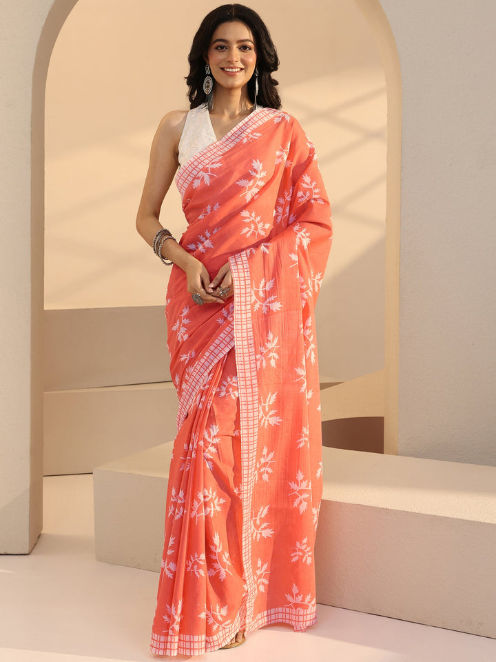 Libas Salmon Orange Fern Print Cotton Saree