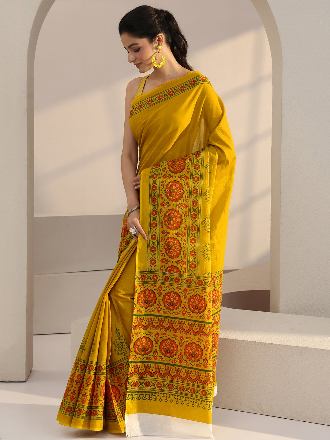 Libas Mustard Block Print Cotton Saree