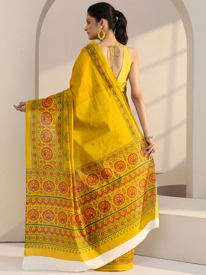 Libas Mustard Block Print Cotton Saree