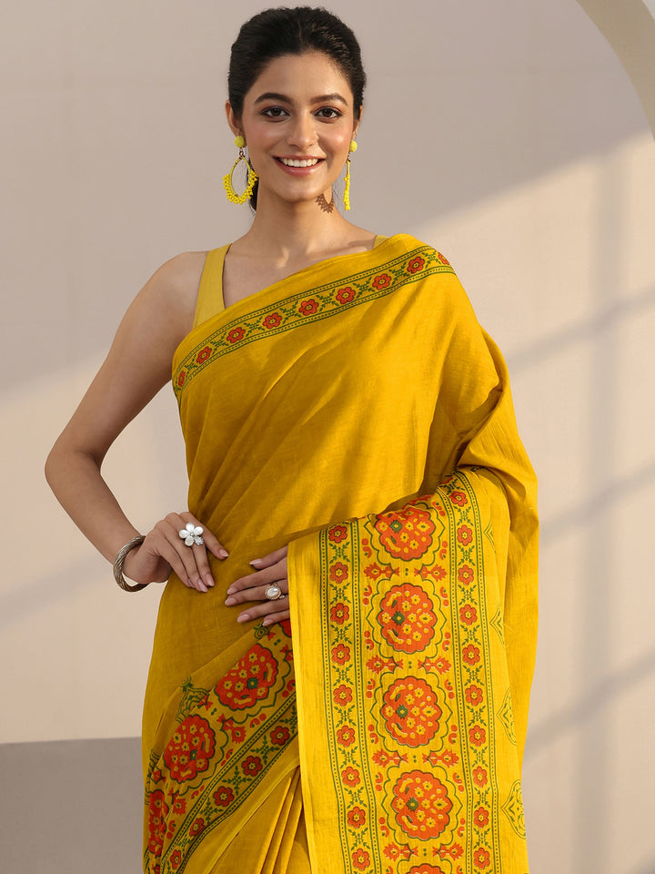 Libas Mustard Block Print Cotton Saree