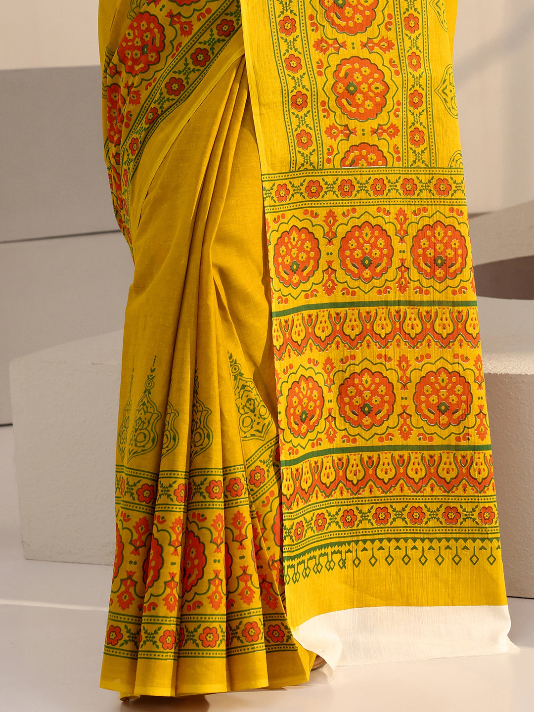 Libas Mustard Block Print Cotton Saree