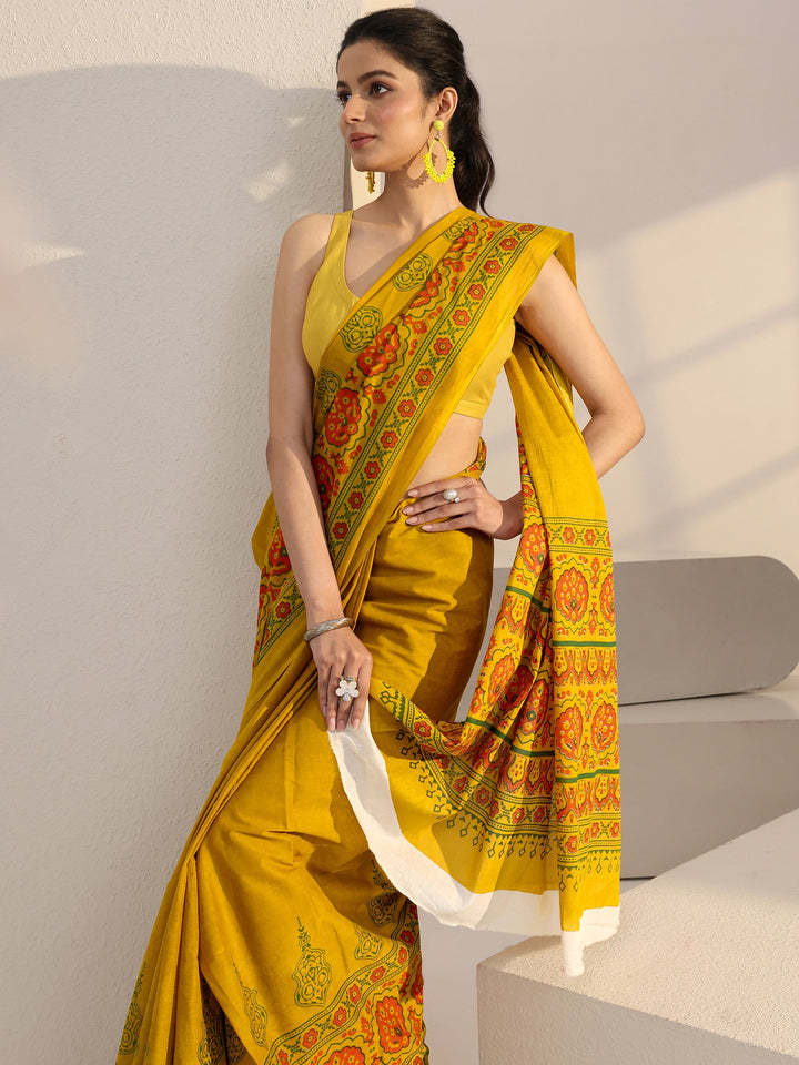 Libas Mustard Block Print Cotton Saree