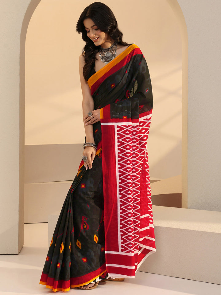 Libas Black Geometric Print Jamdani Cotton Saree