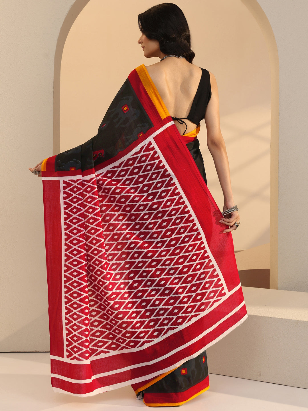Libas Black Geometric Print Jamdani Cotton Saree