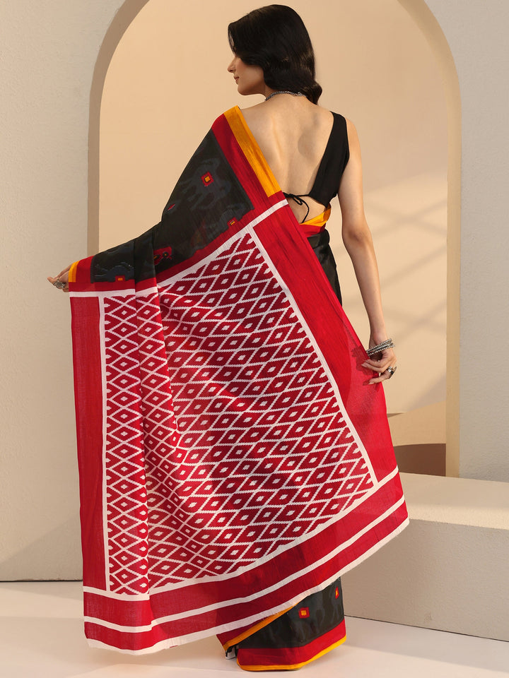 Libas Black Geometric Print Jamdani Cotton Saree
