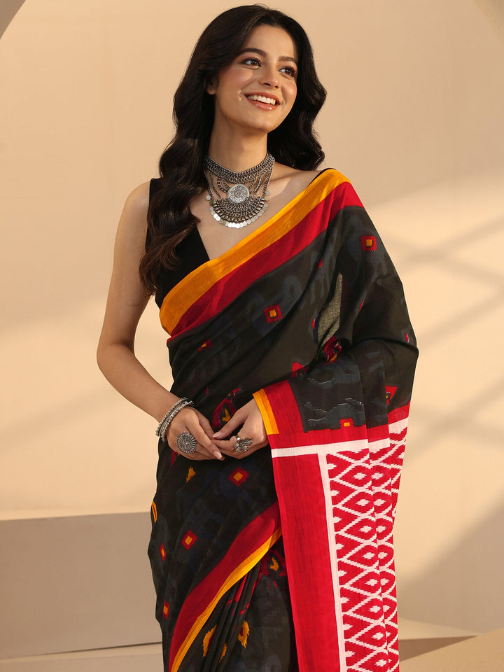 Libas Black Geometric Print Jamdani Cotton Saree