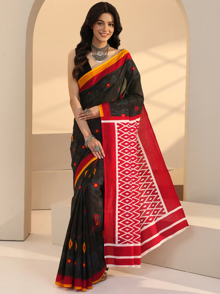 Libas Black Geometric Print Jamdani Cotton Saree