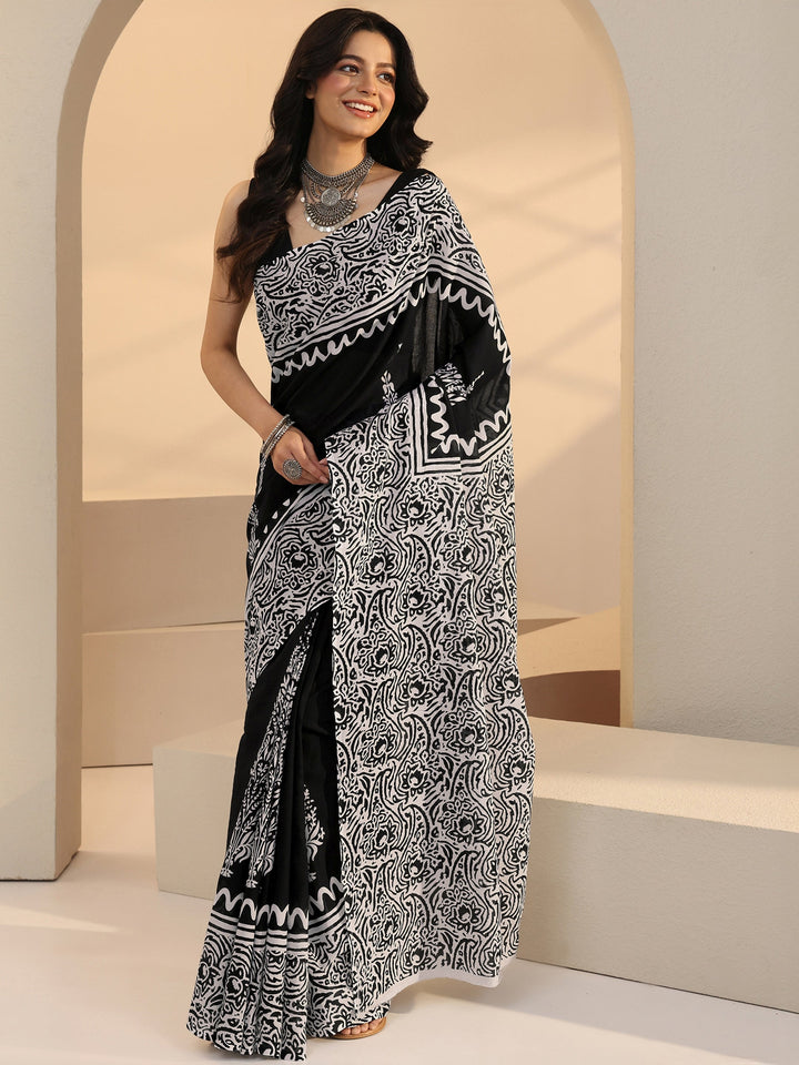 Libas Black Paisley Print Cotton Saree