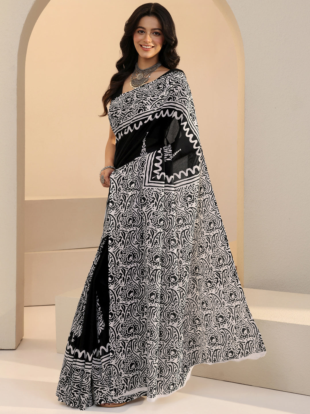 Libas Black Paisley Print Cotton Saree