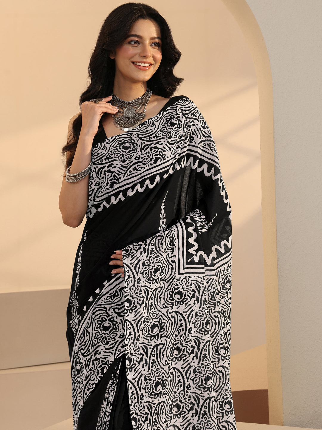 Libas Black Paisley Print Cotton Saree