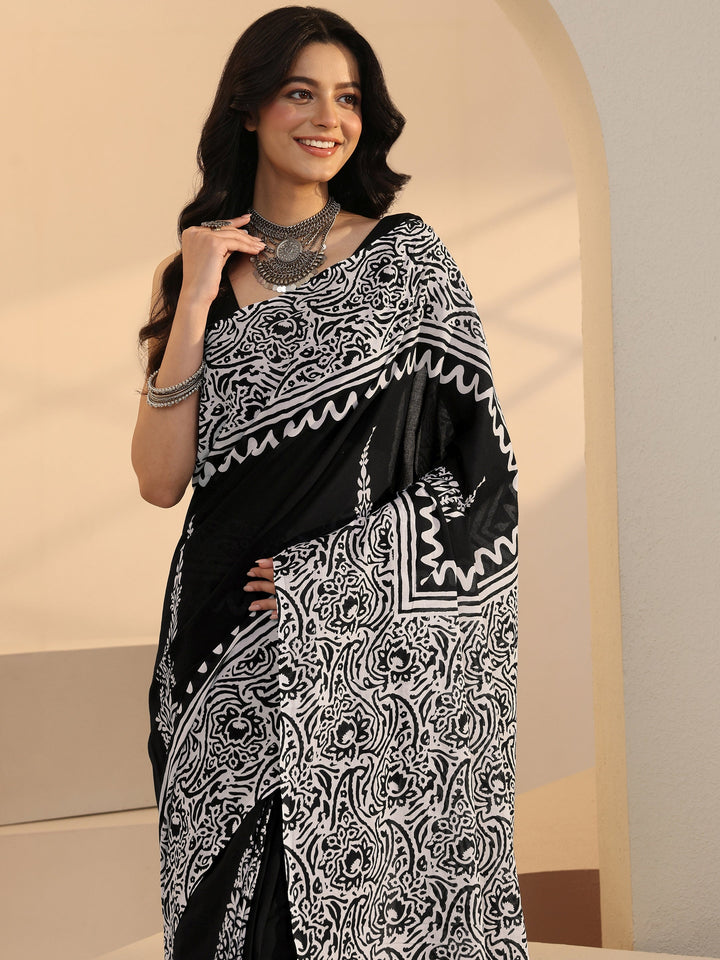 Libas Black Paisley Print Cotton Saree