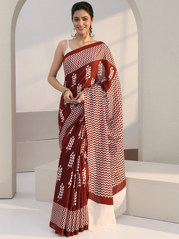 Libas Maroon Floral Print Cotton Saree