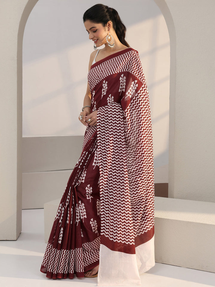 Libas Maroon Floral Print Cotton Saree
