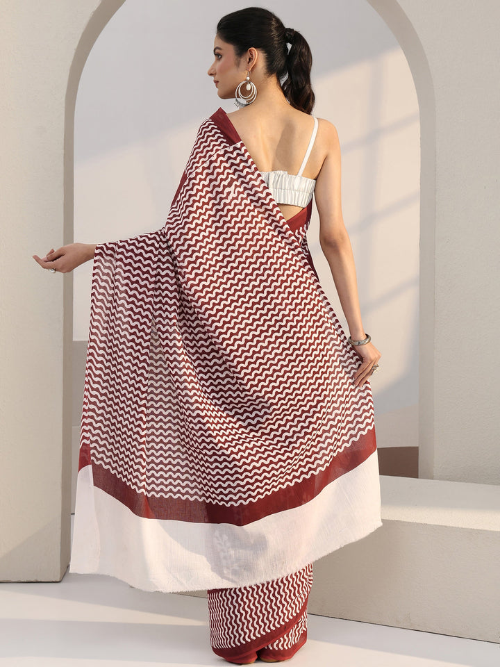 Libas Maroon Floral Print Cotton Saree