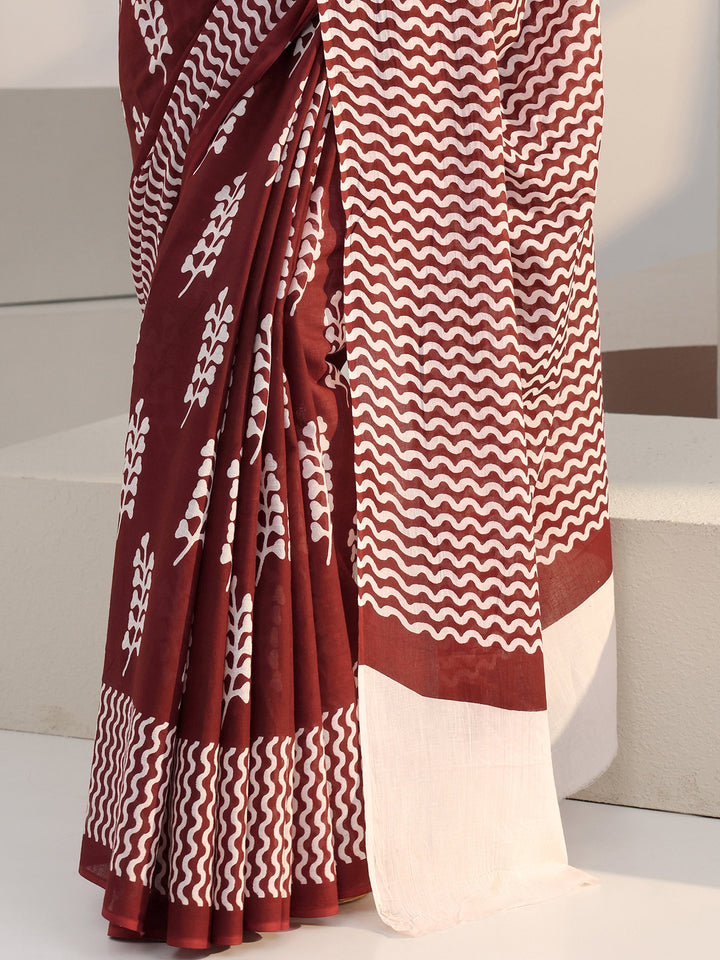 Libas Maroon Floral Print Cotton Saree