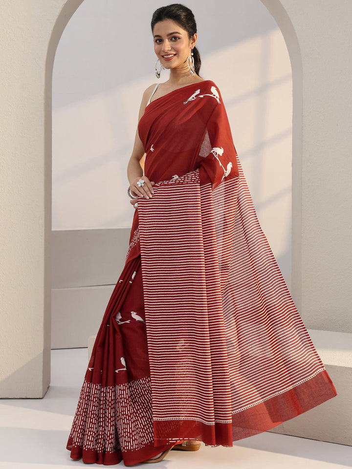 Libas Rust Red Bird Print Cotton Saree