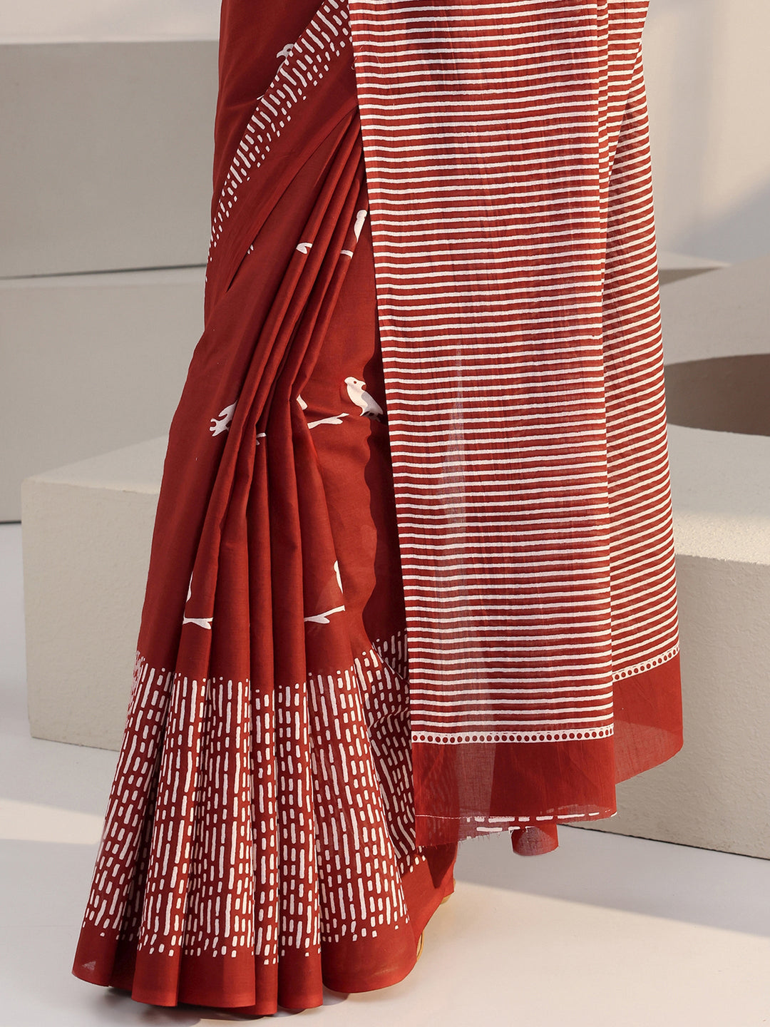 Libas Rust Red Bird Print Cotton Saree