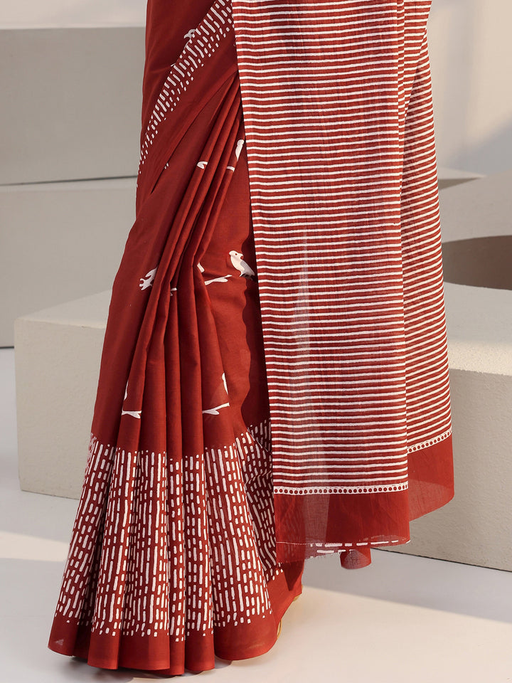 Libas Rust Red Bird Print Cotton Saree