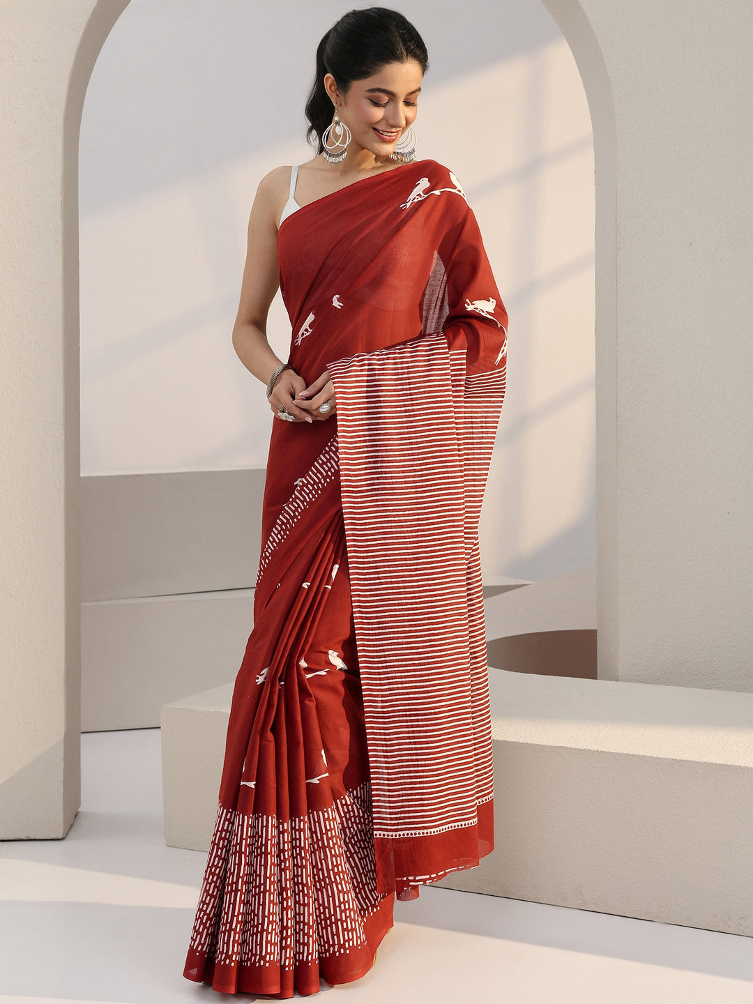 Libas Rust Red Bird Print Cotton Saree