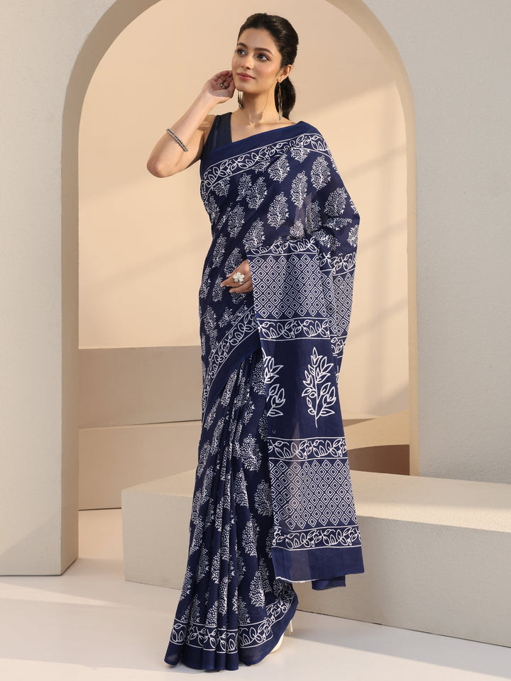Libas Navy Leafy Print Cotton Saree