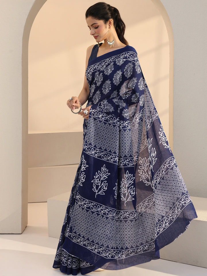Libas Navy Leafy Print Cotton Saree