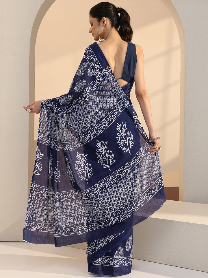 Libas Navy Leafy Print Cotton Saree