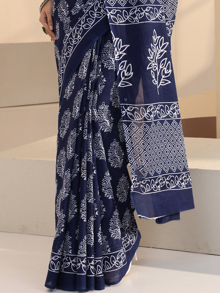 Libas Navy Leafy Print Cotton Saree