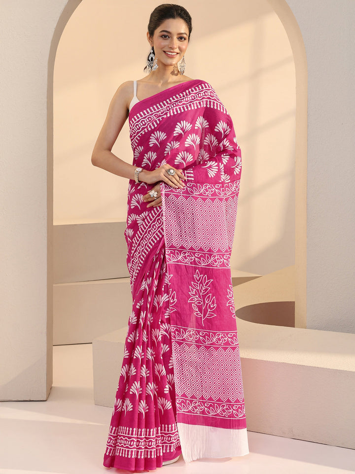Libas Fuchia Pink Floral Print Cotton Saree
