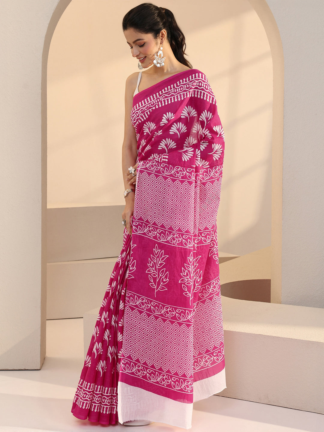 Libas Fuchia Pink Floral Print Cotton Saree