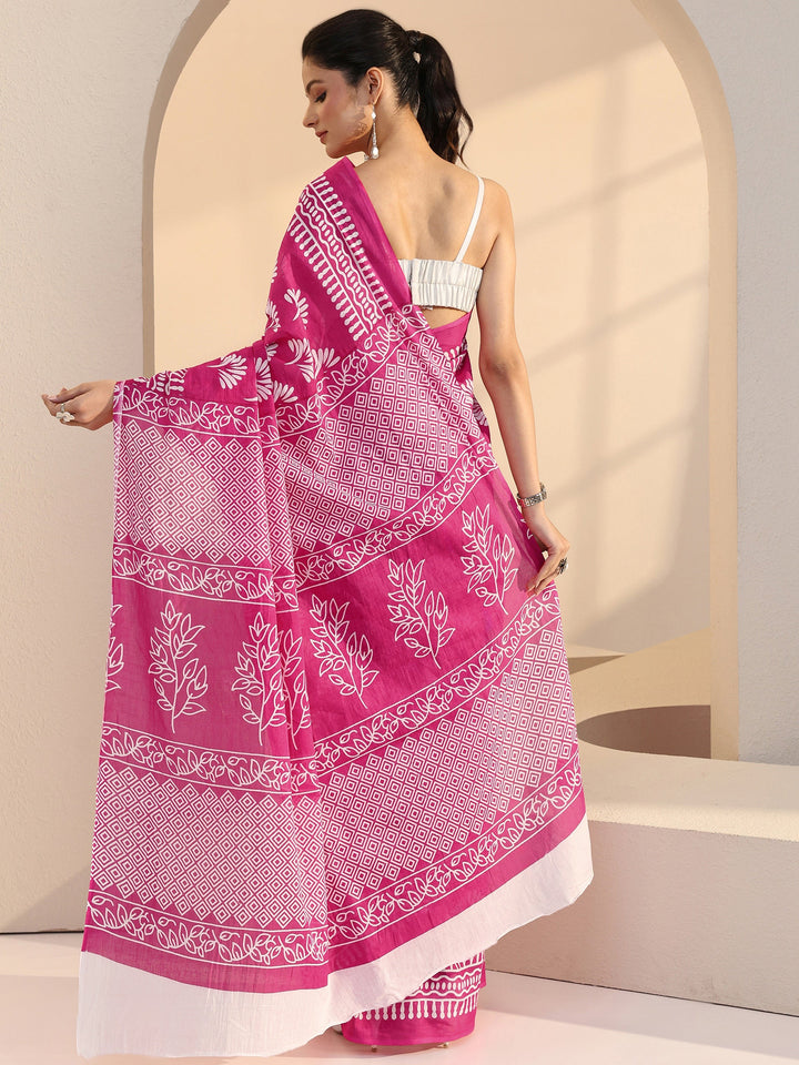 Libas Fuchia Pink Floral Print Cotton Saree
