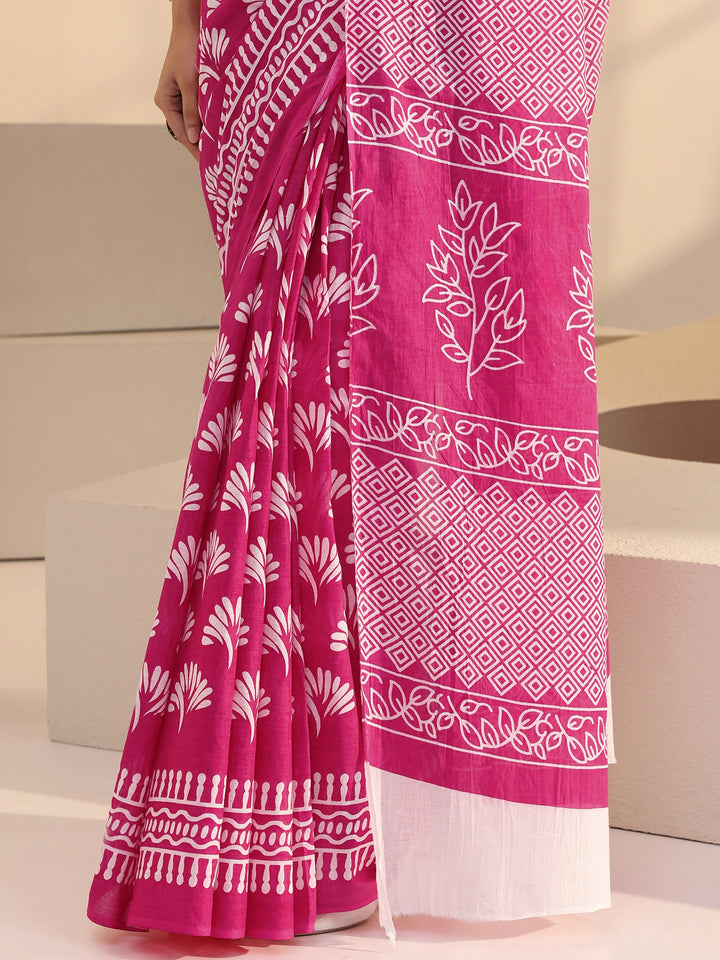 Libas Fuchia Pink Floral Print Cotton Saree