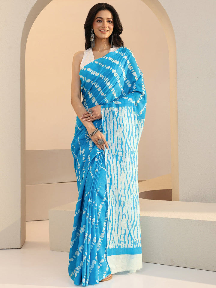 Libas Aqua Blue Shibori Print Cotton Saree