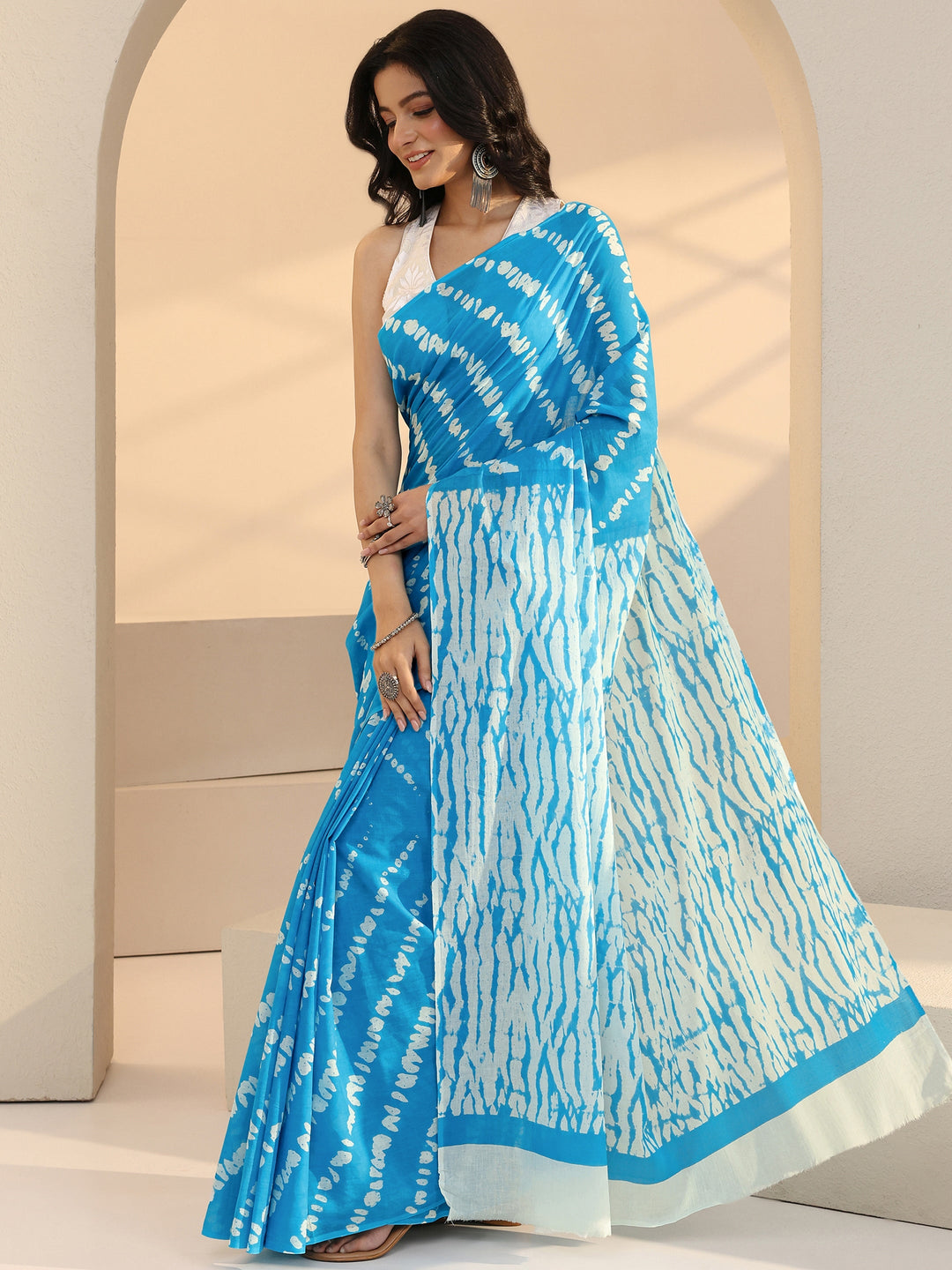 Libas Aqua Blue Shibori Print Cotton Saree