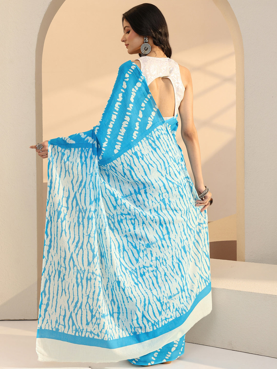 Libas Aqua Blue Shibori Print Cotton Saree