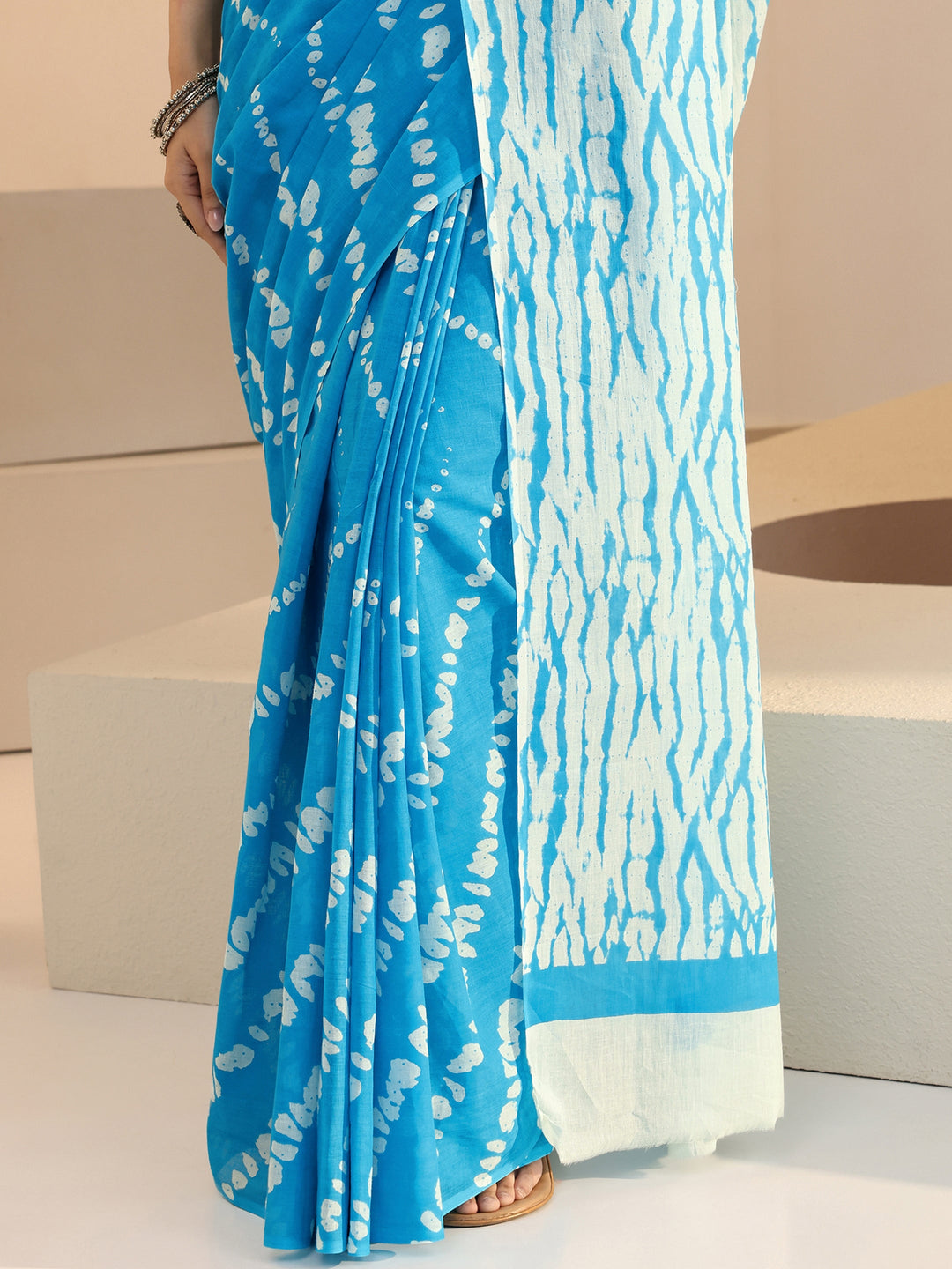 Libas Aqua Blue Shibori Print Cotton Saree