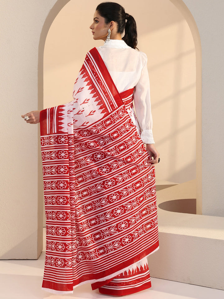 Libas White Floral Print Cotton Saree