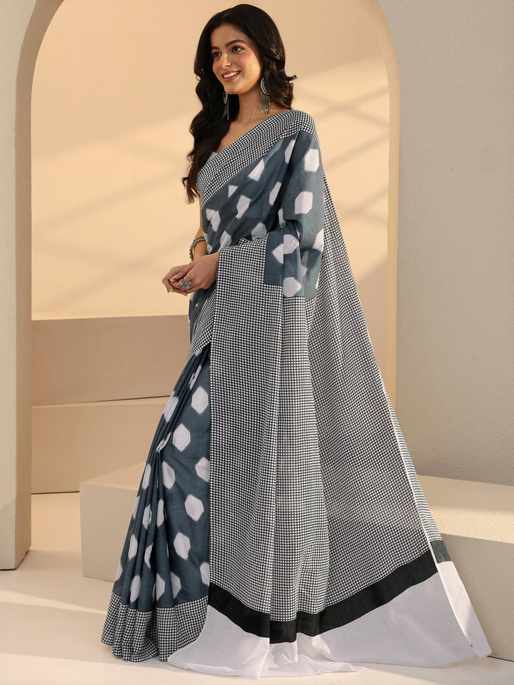 Libas Grey Geometric Print Cotton Saree