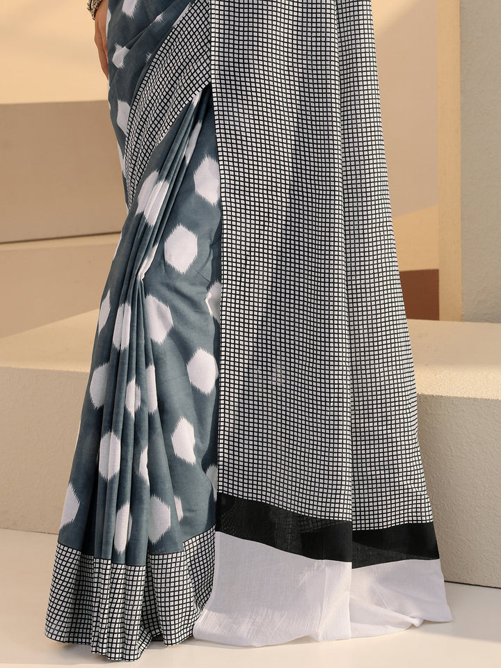 Libas Grey Geometric Print Cotton Saree