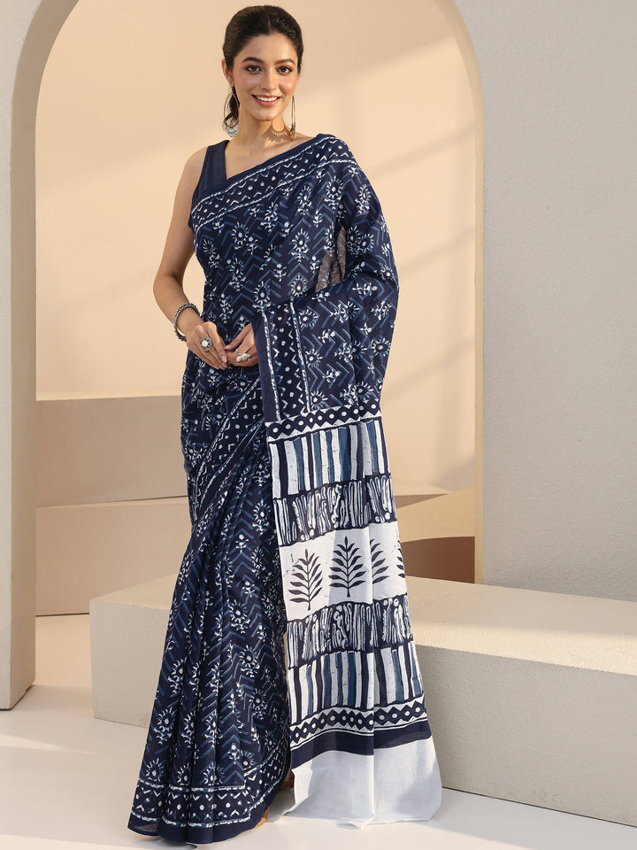 Libas Indigo Dabu Floral Print Cotton Saree