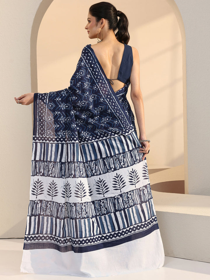 Libas Indigo Dabu Floral Print Cotton Saree