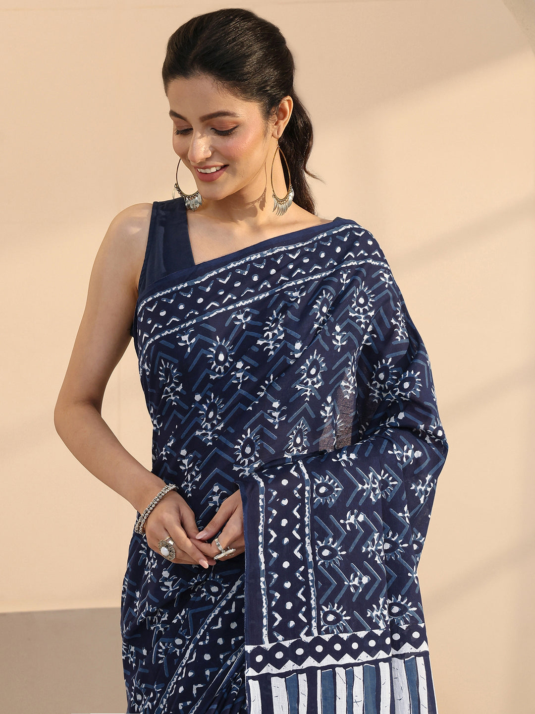 Libas Indigo Dabu Floral Print Cotton Saree