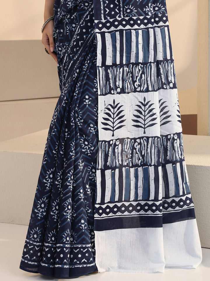 Libas Indigo Dabu Floral Print Cotton Saree