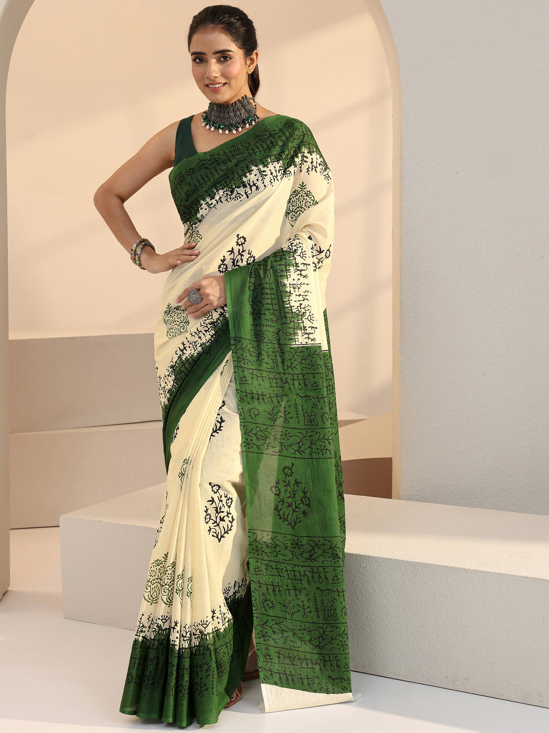 Libas Ombre Beige and Green Block Floral Printed Cotton Saree